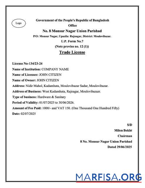 Printable Bangladesh trade license Word and PDF template